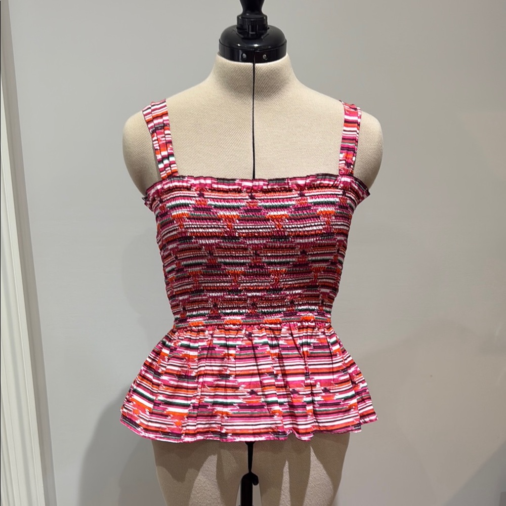 Loft Women's Multicolor Red Pink Aztec Smocked Peplum Top S